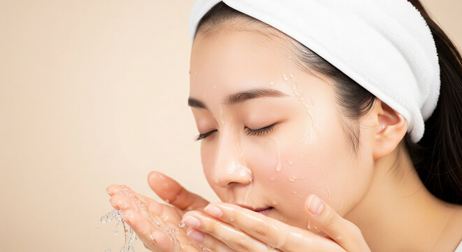 水で顔を洗い流す若い日本人女性