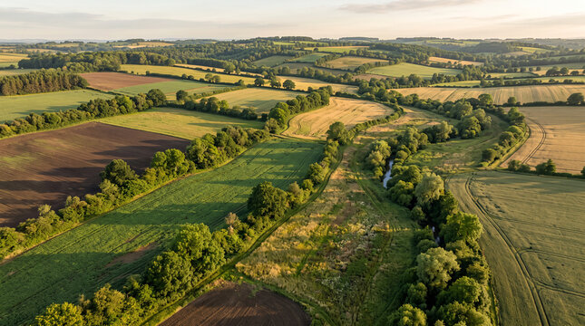 Aerial view of diversified farmland combining crops, trees, grass strips and natural vegetation to represent regenerative agriculture and sustainable land management