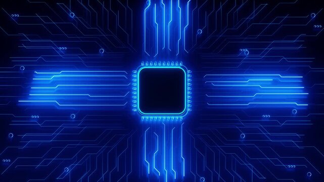 Futuristic microchip electric circuit lines technology processor scene artificial intelligence, computer hardware, neural computing, semiconductor engineering, automation, robotics infrastructure