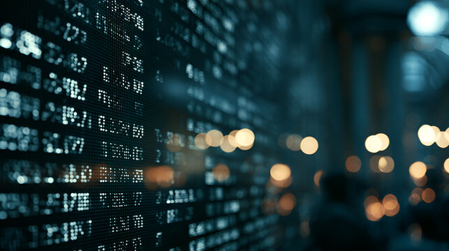 Digital Stock Ticker Glowing With Scrolling Financial Data, Moody Cinematic Low-Key Lighting, Telephoto Compression, Tight Framing, Cool Muted Blue-Gray Palette, High-Resolution Digital Art