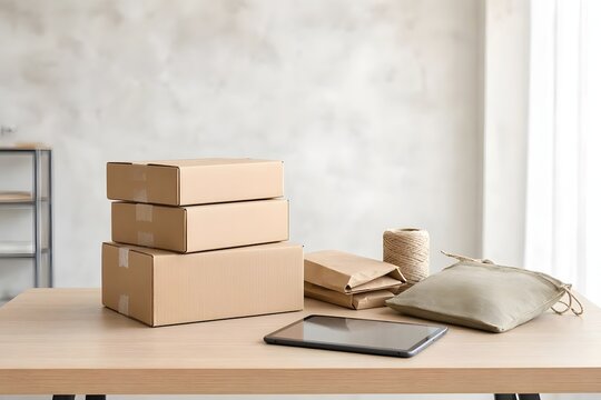 A stack of cardboard shipping boxes on a wooden table next to a tablet, a small fabric pouch, and a ball of twine in a bright, clean room setting