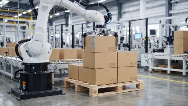 Robotic Arm in a Factory: A modern industrial robot arm meticulously stacks cardboard boxes onto a wooden pallet in a clean, automated factory setting, showcasing advanced manufacturing technology.