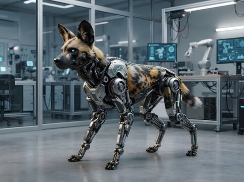 A realistic robotic african wild dog standing inside a high tech laboratory environment with metallic mechanical legs and glowing digital components