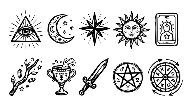 Hand drawn bold tarot mystic element icon set eye moon star card wand cup sword pentacle wheel sun, black ink sketch vector illustration