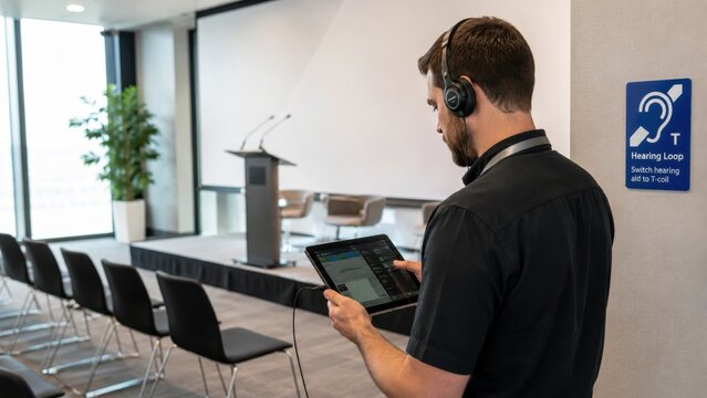 Man using tablet in conference room with hearing loop sign in modern setting