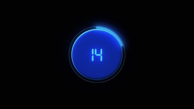 Glowing blue digital number 100 appears inside circular counter on black. countdown sequences, timers, progress displays, scoring graphics, loading animations, technology interfaces and event