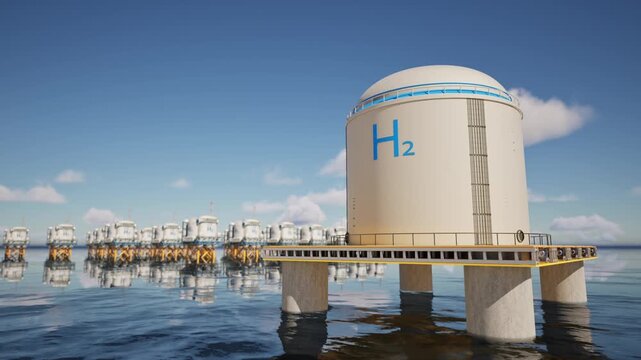 3d rendering group of hydrogen storage system floating on offshore platform in the ocean for low carbon energy infrastructure 4k footage