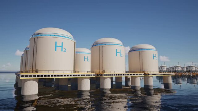 3d rendering group of hydrogen storage system floating on offshore platform in the ocean for low carbon energy infrastructure 4k footage