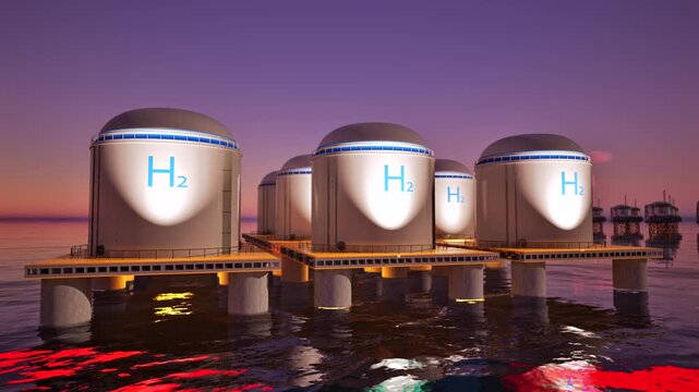 3d rendering group of hydrogen storage system floating on offshore platform in the ocean for low carbon energy infrastructure 4k footage