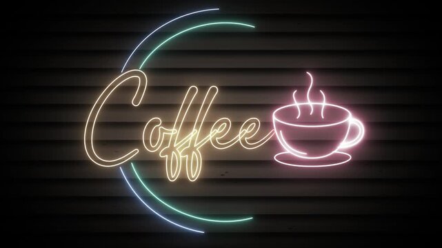 A captivating neon coffee sign illuminates dark wooden background, dynamic and eye-catching footage for cafes.