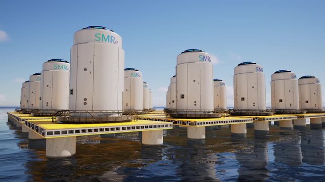 3d rendering group of SMR or small modular nuclear reactors on offshore platform in the ocean for energy infrastructure 4k footage