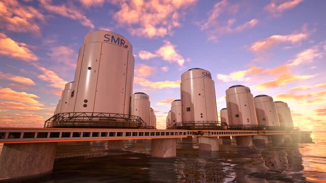 3d rendering group of SMR or small modular nuclear reactors on offshore platform in the ocean for energy infrastructure 4k footage