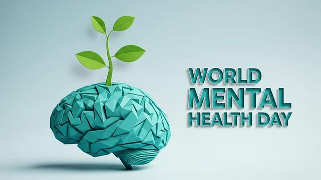 World Mental Health Day concept with growing plant sprout from brain model