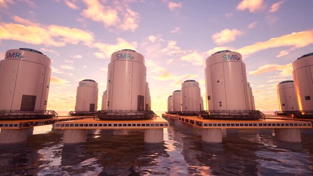 3d rendering group of SMR or small modular nuclear reactors on offshore platform in the ocean for energy infrastructure 4k footage