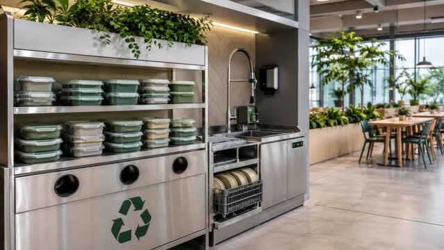 Modern kitchen setup with recycling station and fresh plants in a workspace, showcasing a sustainable environment near dining area