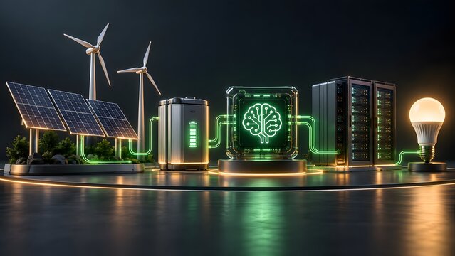Smart energy grid concept with solar panels wind turbines and artificial intelligence processor optimizing renewable power