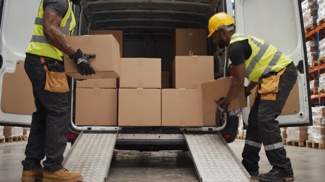 Warehouse Loading Crew: Two logistics workers in high-visibility vests and hard hats diligently load cardboard boxes onto a ramp leading into a transport van inside a dimly lit warehouse.