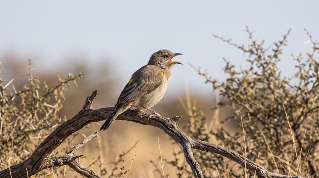 Greater Honeyguide Bird Calling on Acacia Branch Photo