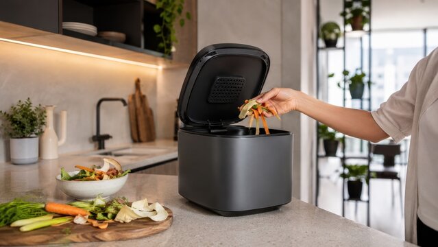 Using a food processor to prepare vegetables for cooking in a modern kitchen with natural light coming through the window during daytime