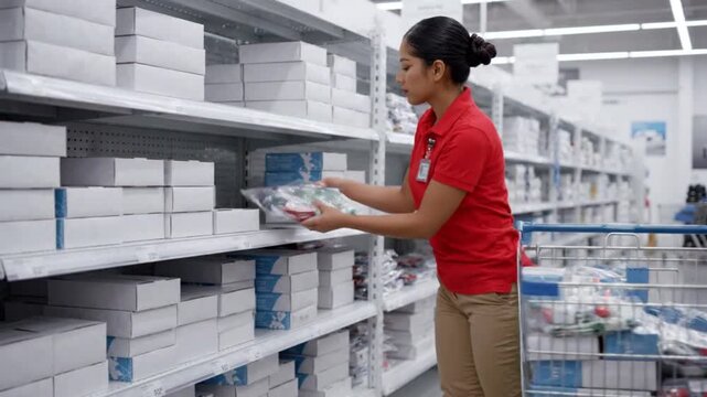 Stocking the Shelves: A diligent female worker in a red uniform meticulously arranges boxes on a shelf in a well-organized store, highlighting retail operations and customer service.