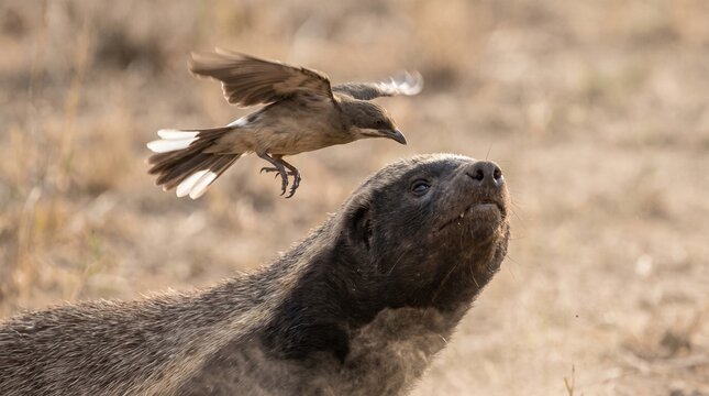 Honeyguide Bird Flying Low Over Honey Badger Photo