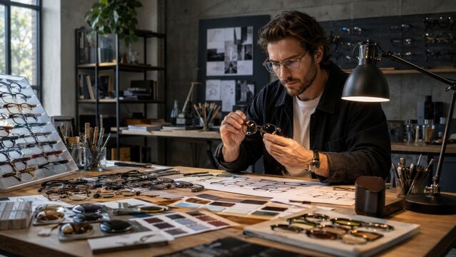 Working session in a design studio focused on eyewear with a man examining sunglasses among sketches and materials