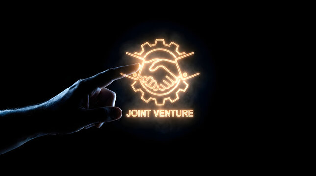 Business person finger touching glowing neon joint venture symbol on dark