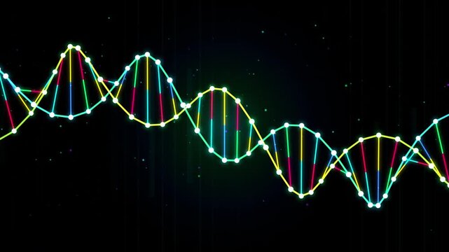 Glowing neon dna double helix structure on a dark background