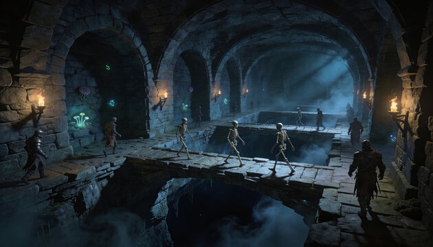 dark medieval dungeon interior with skeletons walking stone bridge atmospheric ancient underground crypt glowing magic mushrooms torches fog warrior fantasy concept art background 3d rendering