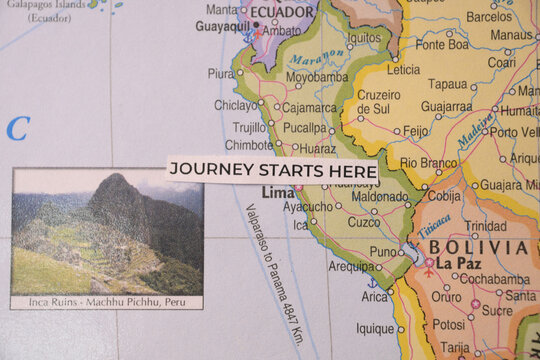 Journey starts here concept tag positioned over Lima and Peru on a South American map