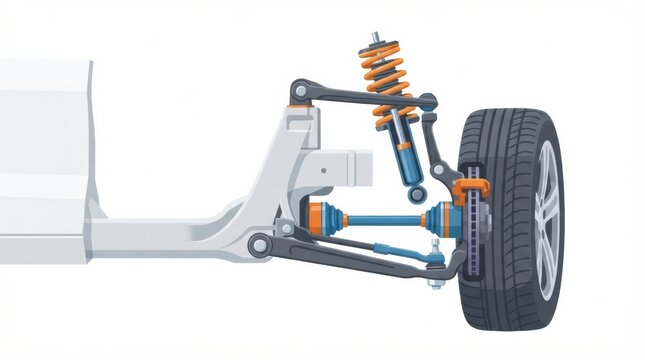 A car suspension system displayed with various parts for the purpose of maintenance and repair in a mechanic garage setting.
