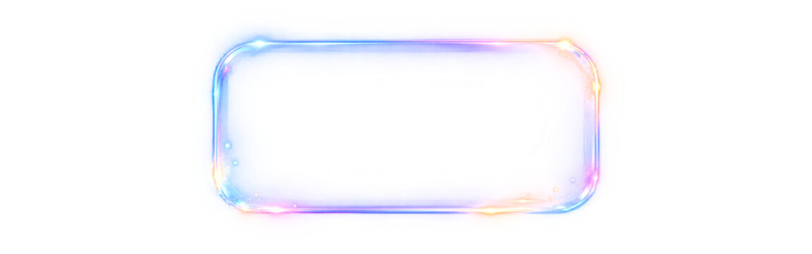 Glowing pastel neon rectangular frame: soft illuminated rainbow gradient rounded border lightbox isolated on transparent background with clipping path. Modern 3D clipart asset with clipping path.