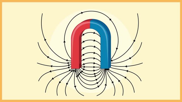 Animation of magnetic field lines around horseshoe magnet with north and south pole labels.