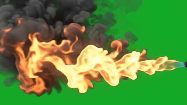 Realistic Flame Thrower Animation with Continuous Fire Stream, Dynamic Flicker, Smoke Wisps Green Screen Background