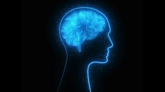 Blue illuminated human reveals an electronic brain from circuit pathways, generative AI, reasoning, machine cognition, neural systems, language intelligence, digital consciousness advanced computing.