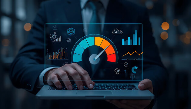 Businessman Typing on Laptop with Digital Performance Gauge and Analytics