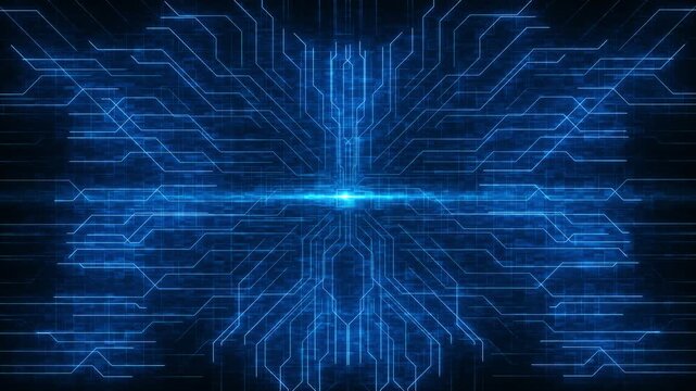 Glowing blue electronic traces spread dark grid connect at a luminous center, visualizing advanced computing, intelligent systems, digital communication, automation, data processing future technology.