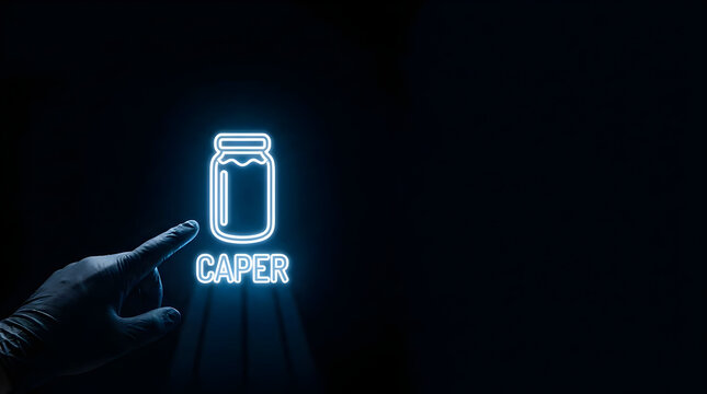 Gloved finger pointing at glowing caper jar digital interface icon