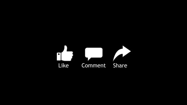 Minimal social engagement icons show like, comment share actions black, representing audience interaction, community response, online promotion, creator communication, digital campaigns social content