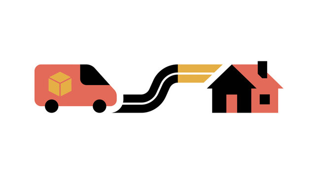 Flat vector icon of a delivery van carrying a cardboard box package to a house, representing express home delivery shipping service