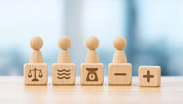 Wooden figures and blocks with different symbols arranged in a row on a table