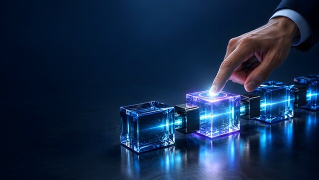 Businessman s hand pressing glowing cube in a line of connected digital blocks futuristic technology concept