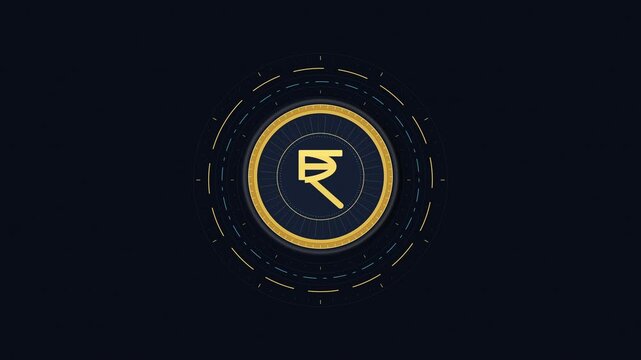 Indian rupee symbol emblem motion graphic with digital data stream and HUD elements, finance concept