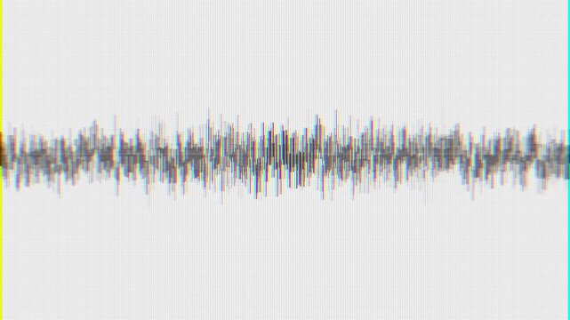 Abstract sound signal forms detailed horizontal wave chromatic distortion on white, audio editing, speech, music, radio, frequency analysis, recording technology and electronic communication.