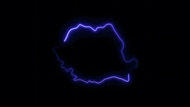 Glowing neon blue outline of the country of romania isolated on a black background, digital map of eastern european nation