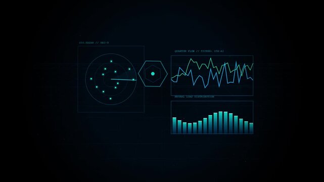 Futuristic digital interface with radar display and data charts