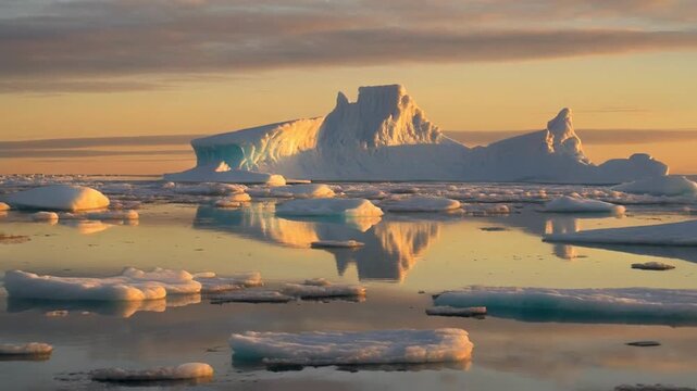 Dramatic Antarctic icebergs reflecting in calm ocean during golden hour sunset cinematic motion