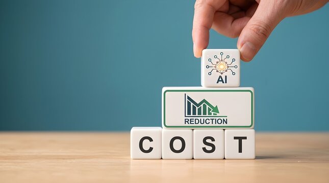 Hand arranging wooden blocks for artificial intelligence cost reduction strategy and business optimization concept