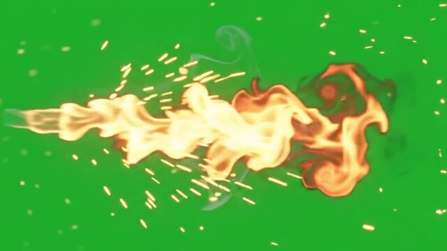 Continuous Flame Stream with Looping Fire Jet, Sparks and Smoke Trail Green Screen Background Animation