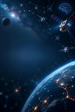 AI Satellite Network in Earth Orbit, Global Connectivity, Futuristic Technology